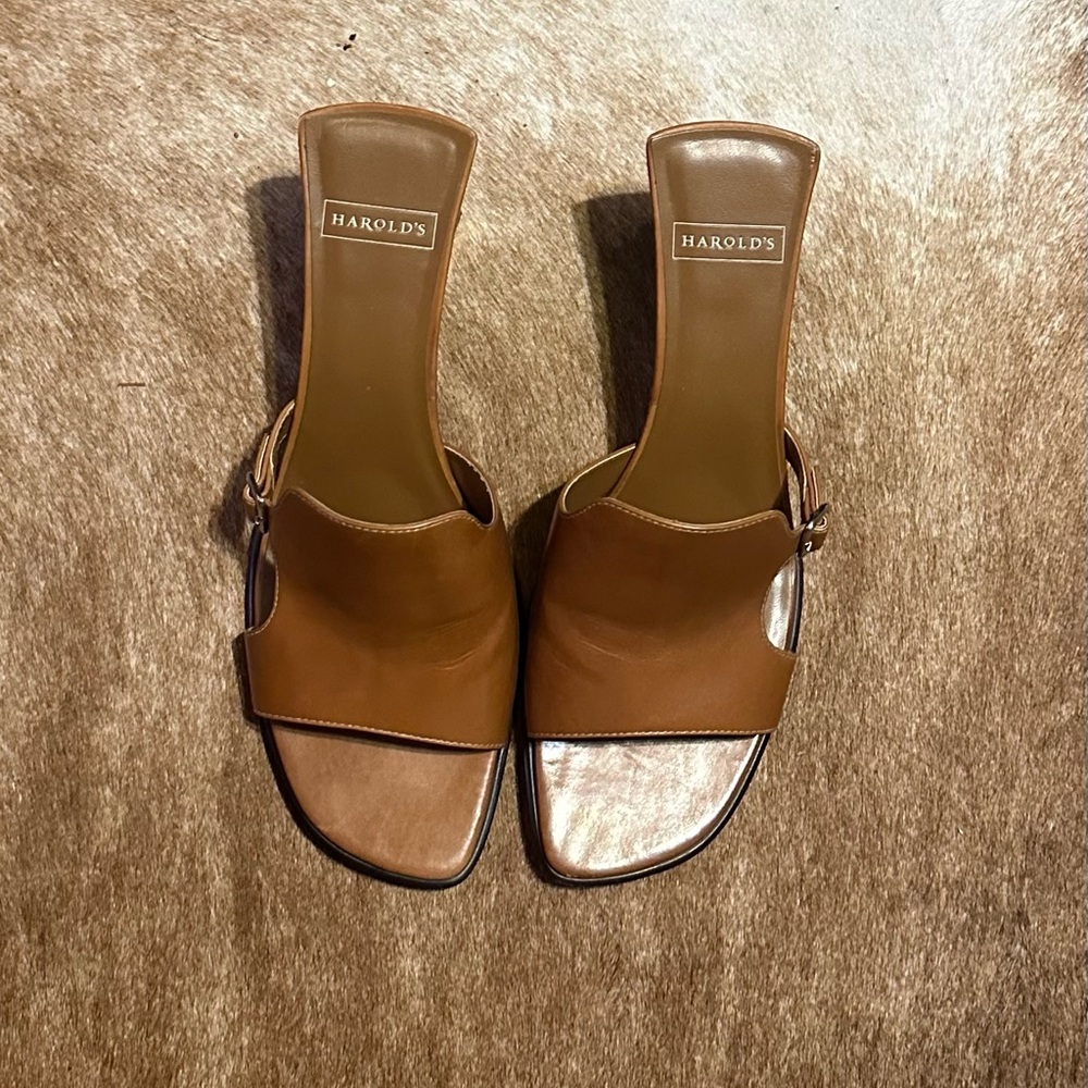 Harold’s Cognac Fine Leather Mid Heel Slide Sandals - Picture 2 of 6